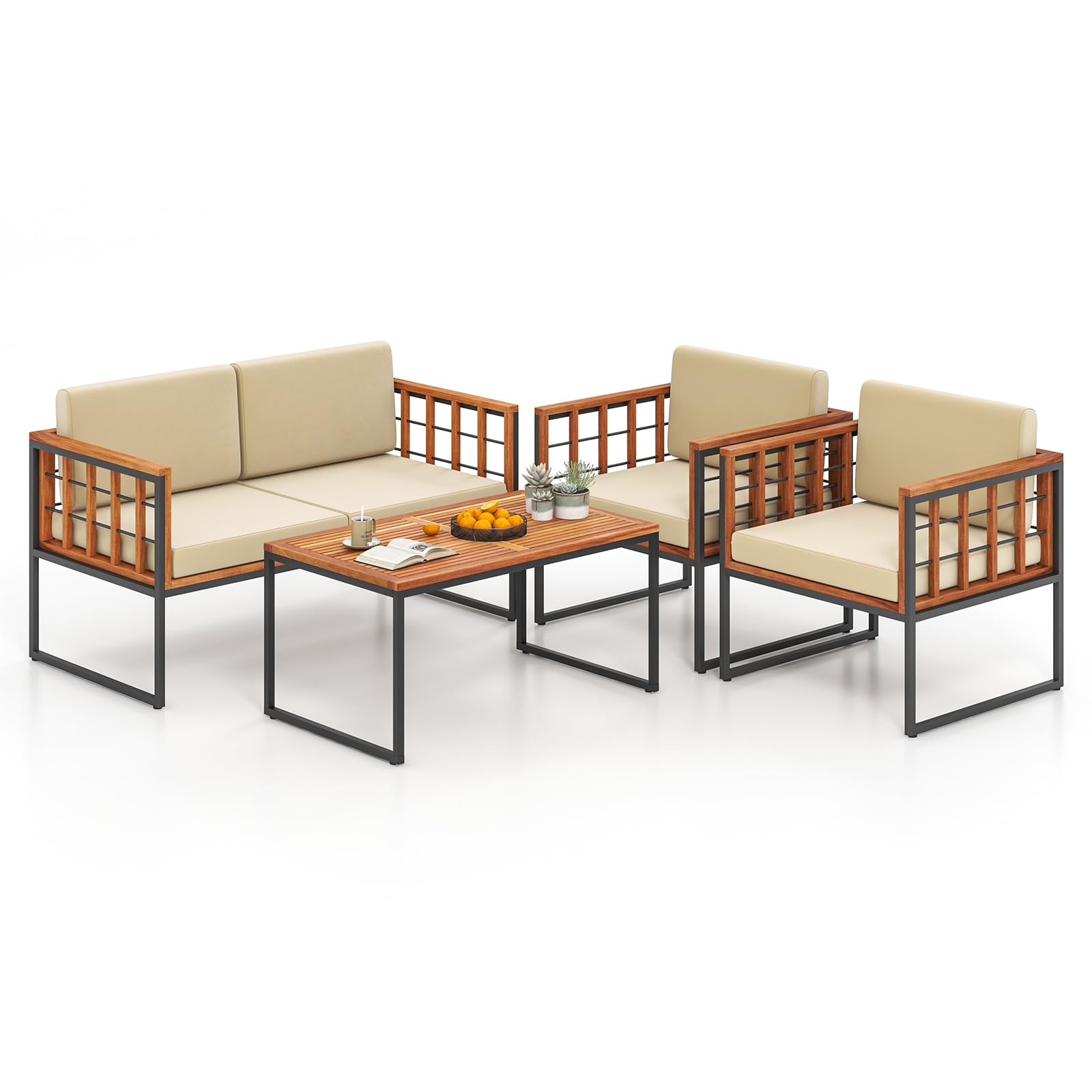 Tangkula Acacia Wood Outdoor Sofa Set, 4 Pieces Outdoor Furniture Set with Heavy Duty Metal Frame, Soft Seat & Back Cushions, for Balcony, Porch, Backyard or Poolside (1, Beige) - WoodArtSupply