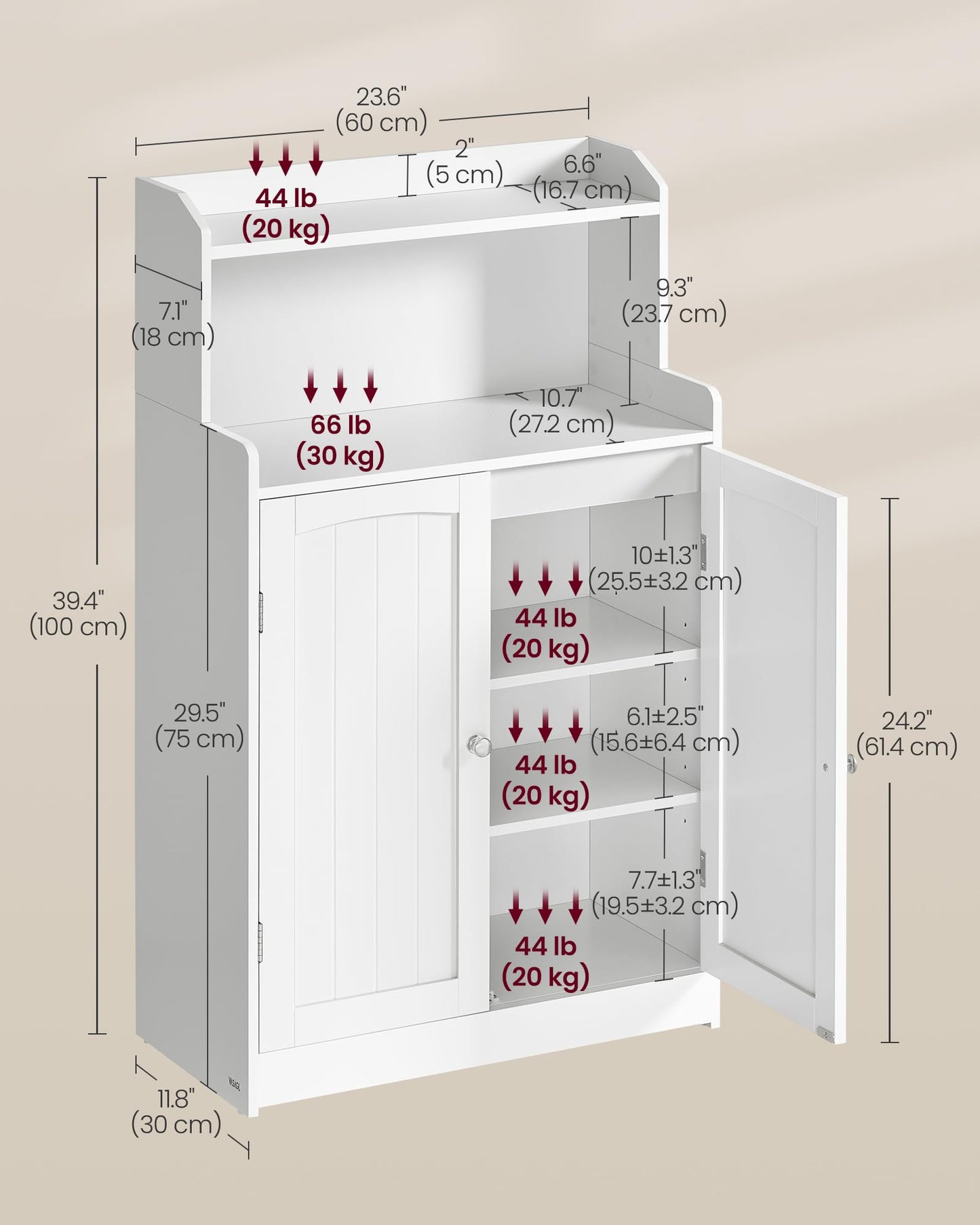 VASAGLE Bathroom Storage Cabinet, Bathroom Floor Cabinet with 2 Doors, 2 Adjustable Shelves, 11.8 x 23.6 x 39.4 Inches, Freestanding, for Dining Room, Kitchen, Living Room, Cloud White UBBC770W01