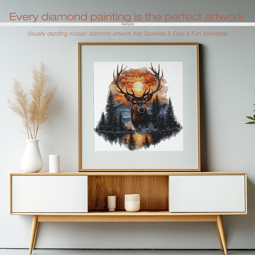 Sanjee Diamond Art Kits for Adults, Deer Diamond Painting Kits for Beginner, 5D DIY Round Full Drill Gem Art Crafts for Home Wall Decor Gift, 12x12inch Sanjee