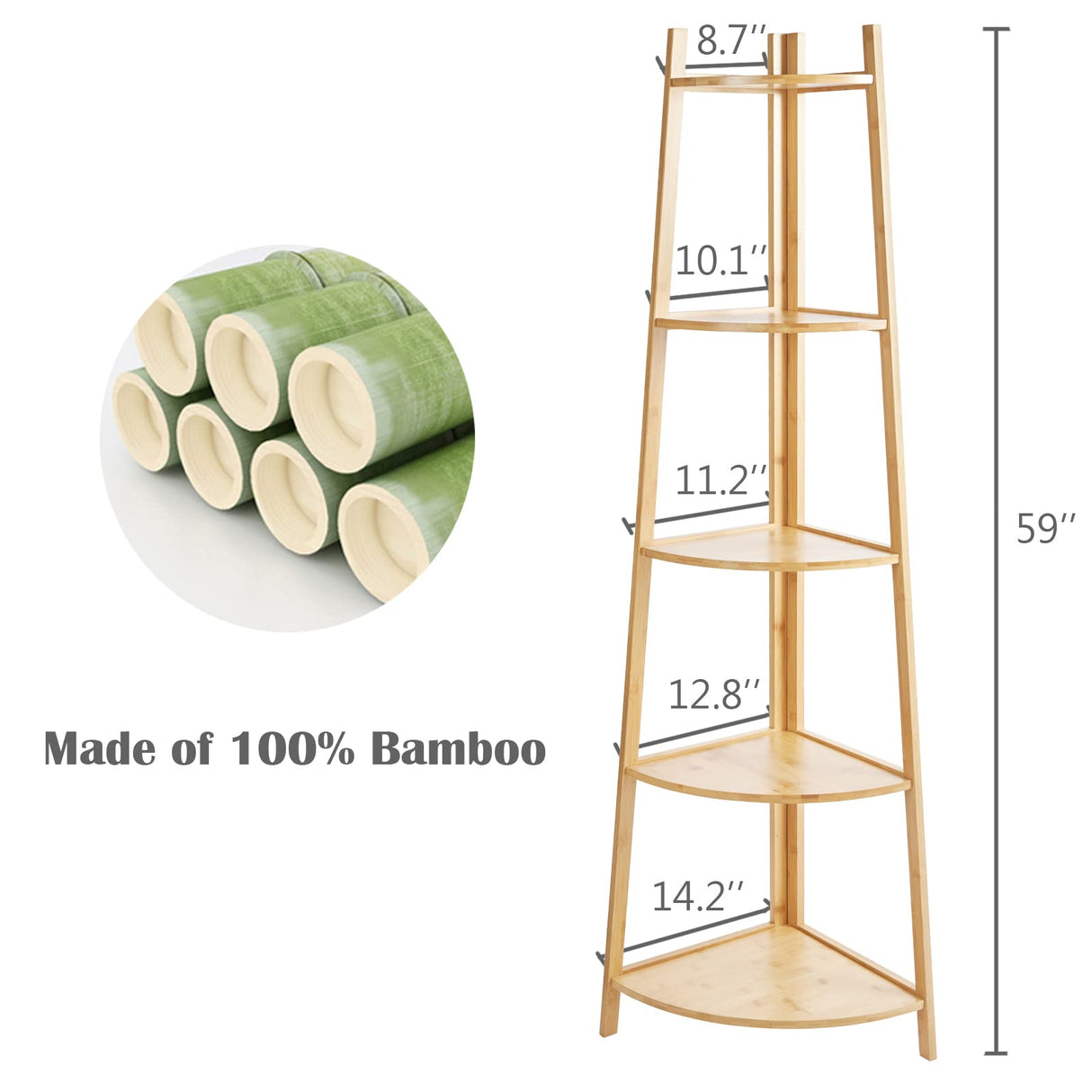 DRDINGRUI Bamboo Corner Shelf Stand for Display, 59'' Tall Storage Rack, 5-Tier Shelf for Organize DRDINGRUI