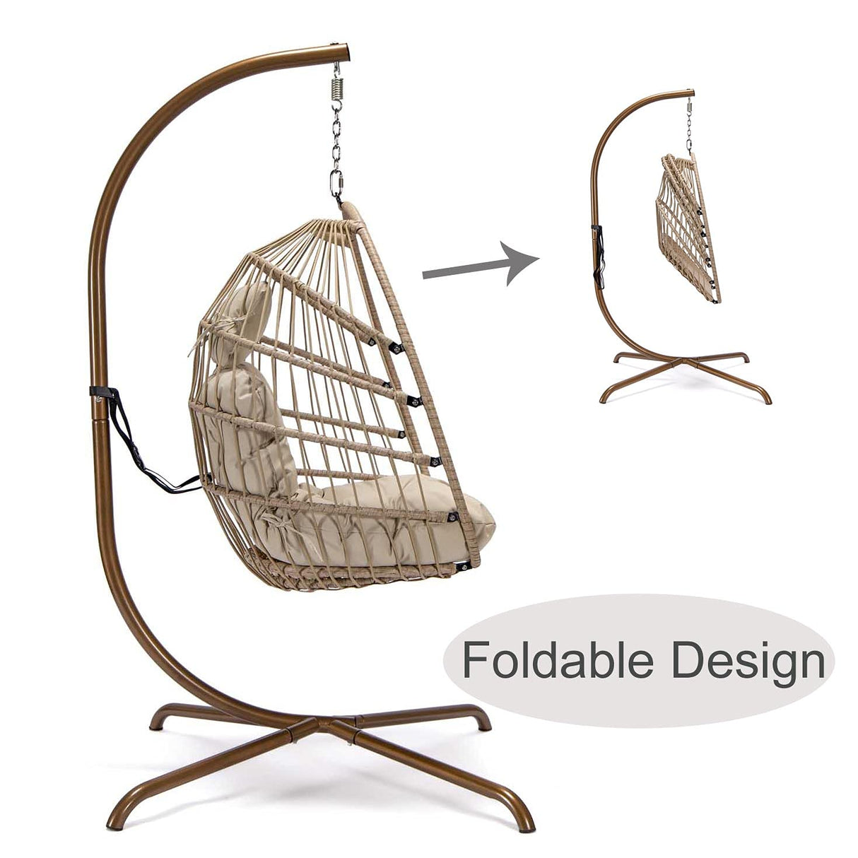 NICESOUL Indoor Outdoor Wicker Hanging Egg Chair with Stand, Cozy Patio Swing Hammock Egg Shell Chairs with Cushions, 350lbs Capacity Sturdy Porch Swing for Backyard Balcony, Beige with Cover NICESOUL