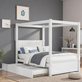 Modenr Full Size Canopy Bed with Trundle for Adult, Solid Wood 4 Post Platform Bed Frame with Headboard, No Box Spring Needed, Wood Canopy Bed with Trundle, White SOFTSEA