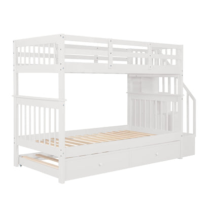 Harper & Bright Designs Twin Bunk Bed with Trundle Bed and Storage Shelf, Twin Over Twin Bunk Bed with Stairs and Guard Rail, Wood Bunk Bed Frame for Kids, Teens, Adults (Twin, White)