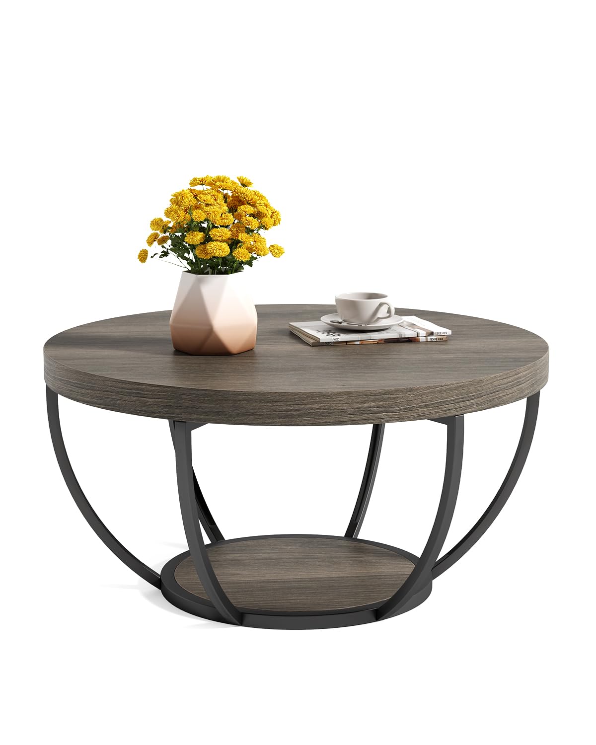 LITTLE TREE Round Coffee Table, 32" Circle Coffee Table for Living Room, 2-Tier Wood Accent Center Table with Open Storage Industrial Design Home Furniture (Brown and Black) LITTLE TREE