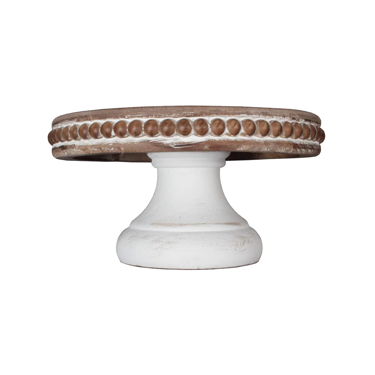 dwellington White Wash Round Display Wood Riser, 8.25” Shabby Chic Pedestal Tray Decor with Beads, Farmhouse Display Stands for Coffee Bar, Bathroom, Kitchen Island dwellington