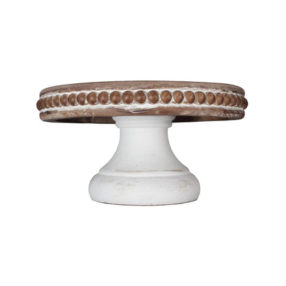 dwellington White Wash Round Display Wood Riser, 8.25” Shabby Chic Pedestal Tray Decor with Beads, Farmhouse Display Stands for Coffee Bar, Bathroom, Kitchen Island