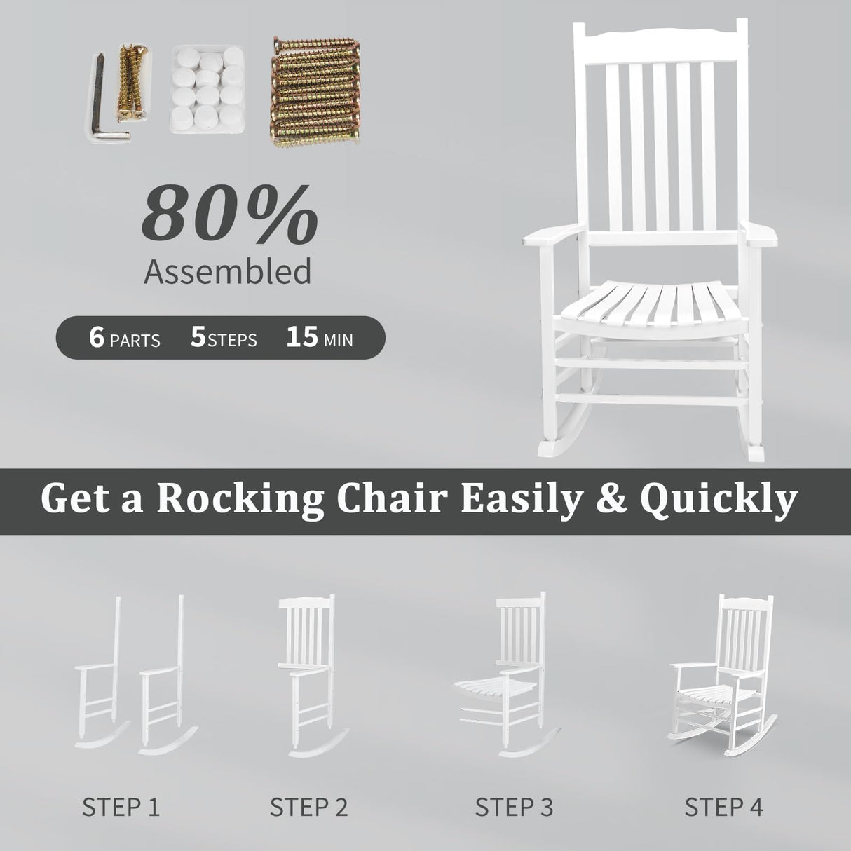 Outvita Outdoor Rocking Chair, Solid Wood High Back Rocker, All Weather Lounge Chair for Porch Patio Fire Pit Garden Backyard Deck Indoor, Wave Shape, White Outvita