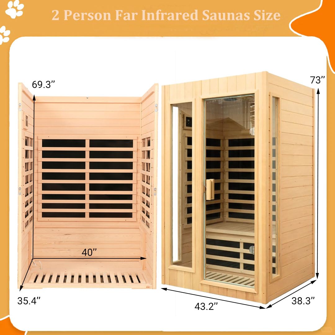KUNSANA 2 Person Infrared Sauna, Far Infrared Saunas for Home, Hemlock Wood Sauna Room, Low EMF Indoor Home Sauna Spa, 1500Watt, Bluetooth Speakers, Reading Lamps KUNSANA