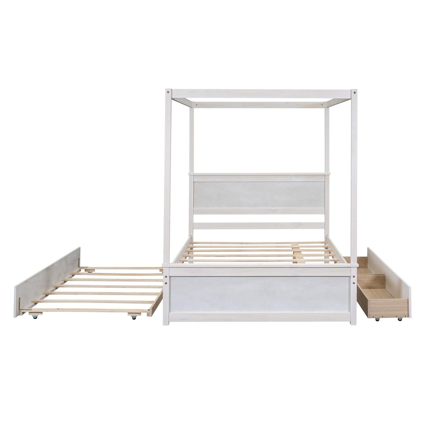 Full Size Canopy Bed with Trundle and 2 Storage Drawers, 4-Post Wood Full Platform Bed Frame with Headboard, No Box Spring Needed (Full, Brushed White)