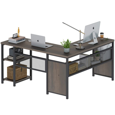 FATORRI L Shaped Computer Desk, Industrial Home Office Desk with Shelves, Reversible Wood and Metal Corner Desk (Walnut Brown, 59 Inch) FATORRI