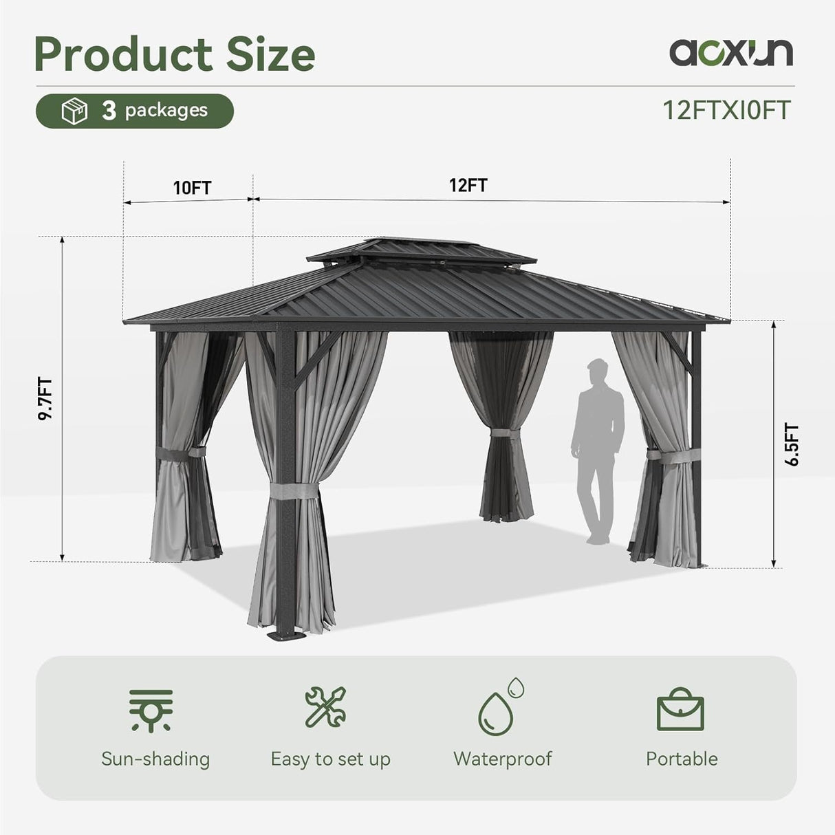 Aoxun Hardtop Gazebo 10x12, Aluminum Frame Canopy with Double Galvanized Steel Roof, Outdoor Gazebo with Breathable Netting and Privacy Curtain for Backyard Aoxun