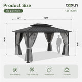 Aoxun Hardtop Gazebo 10x12, Aluminum Frame Canopy with Double Galvanized Steel Roof, Outdoor Gazebo with Breathable Netting and Privacy Curtain for Backyard Aoxun