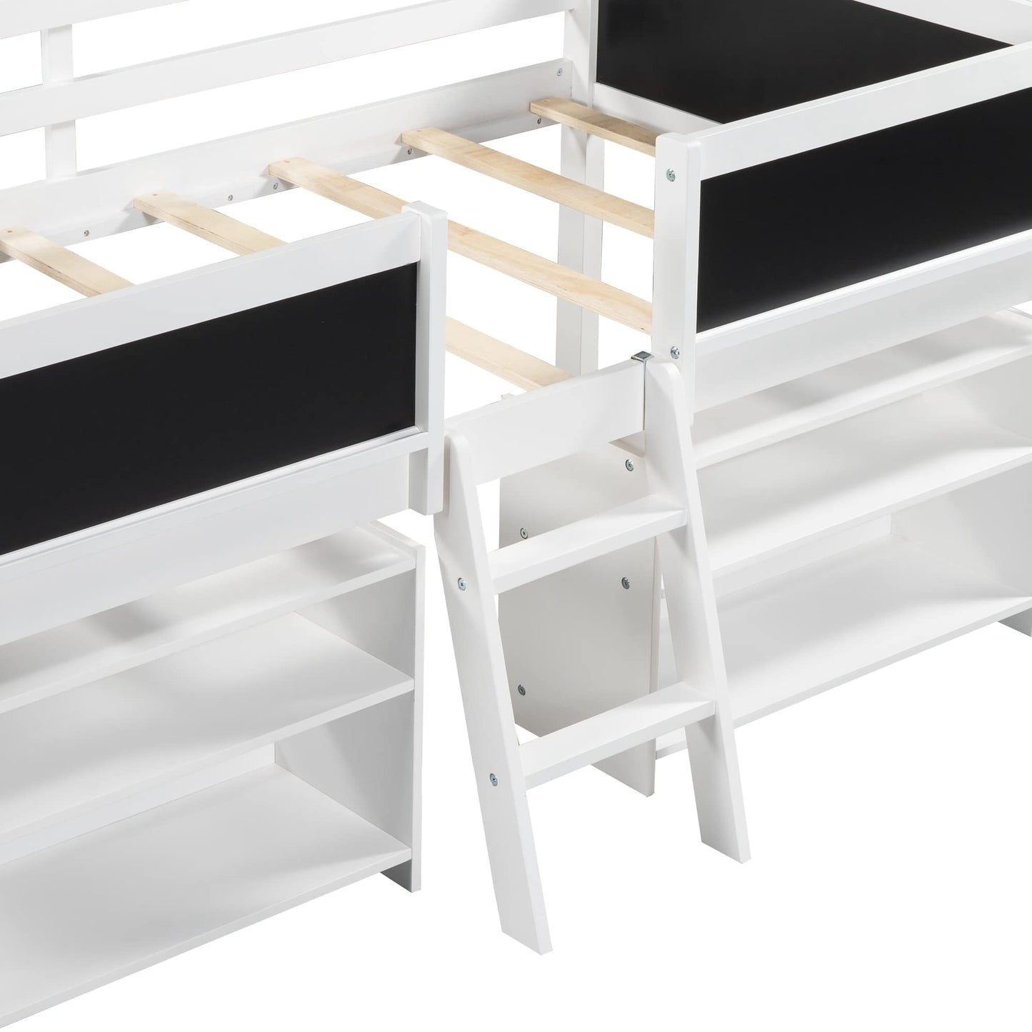 Harper & Bright Designs Kids Low Loft Bed with 2 Movable Storage Shelves, Twin Loft Bed Frame with Chalkboard and Ladder, Multifunctional Loft Bed for Kids Boys&Girls No Box Spring Needed (White)