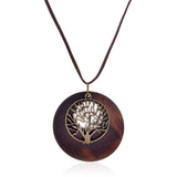 HUNO Tree of Life Pendant Necklace Long Leather Chain Statement Wooden Necklace for Women Vintage Wood Jewelry HUNO