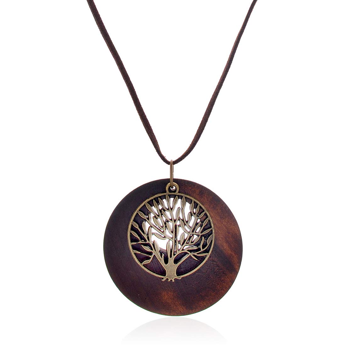 HUNO Tree of Life Pendant Necklace Long Leather Chain Statement Wooden Necklace for Women Vintage Wood Jewelry HUNO