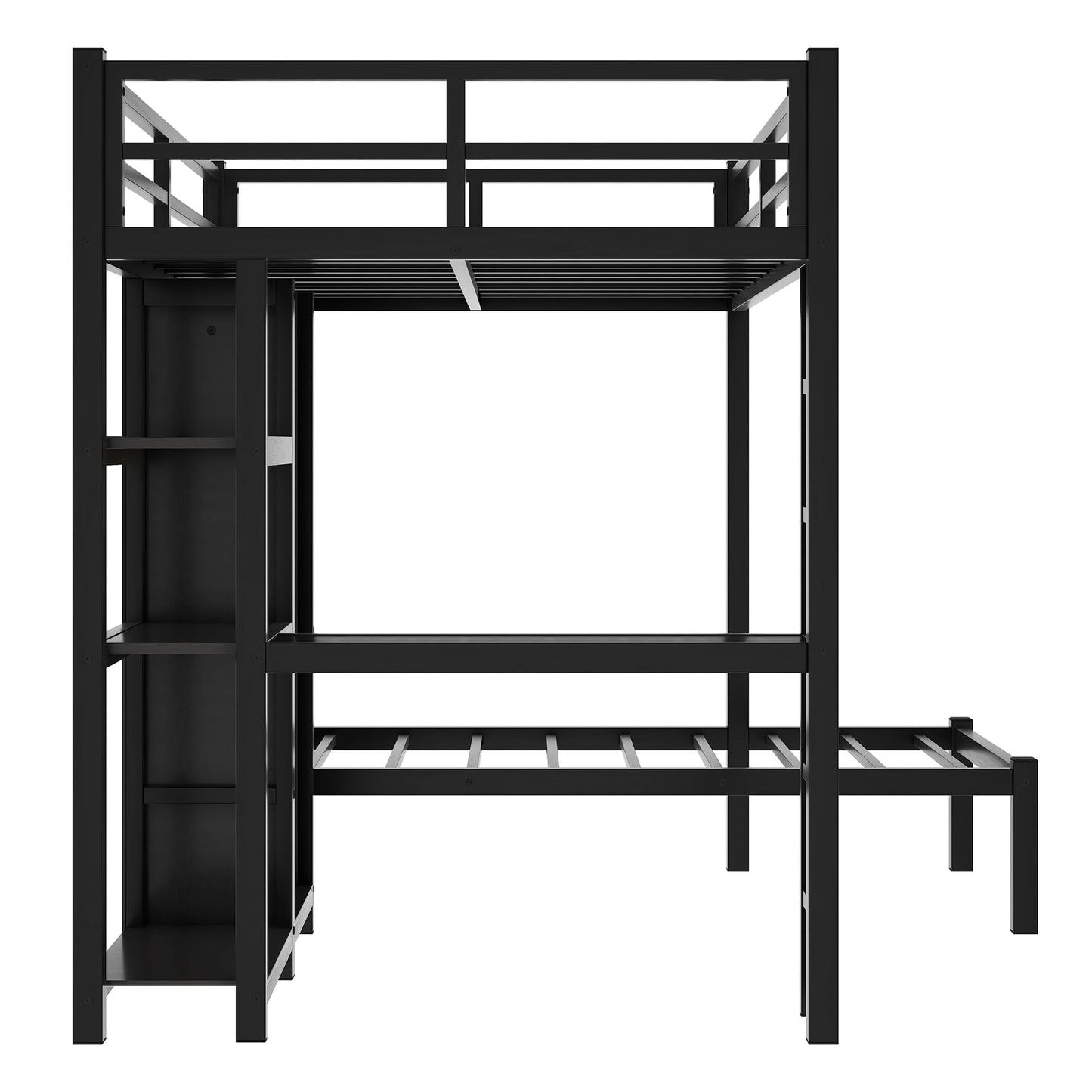 Metal Full XL Over Twin Bunk Bed, Multi-Functional Bunk Bed with Desk,Bookshelf,Storage Shelves and Wardrobe for Kids Teens Adults