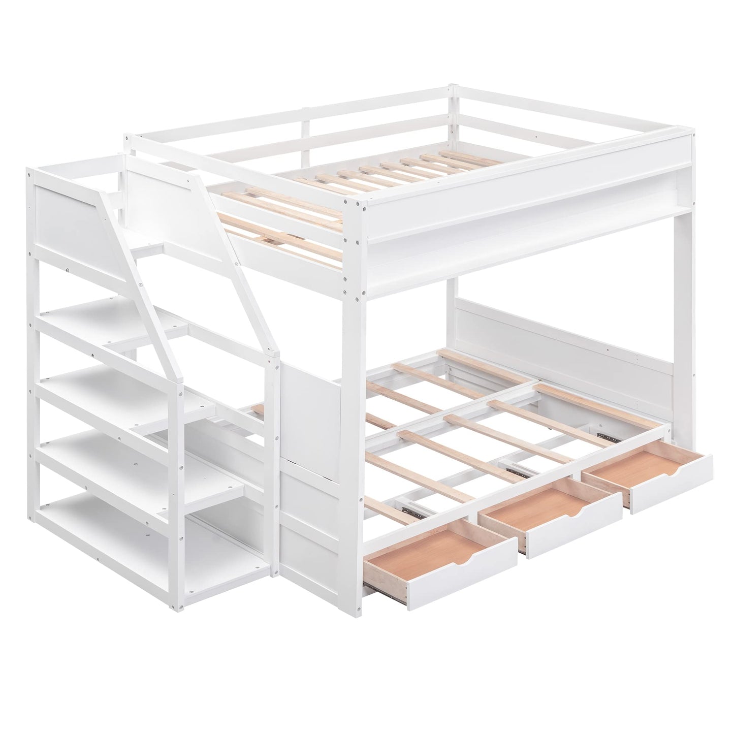 Harper & Bright Designs Convertible Full Over Full Futon Bunk Bed with Stairs, Drawers, and Built-in Shelf in White - WoodArtSupply