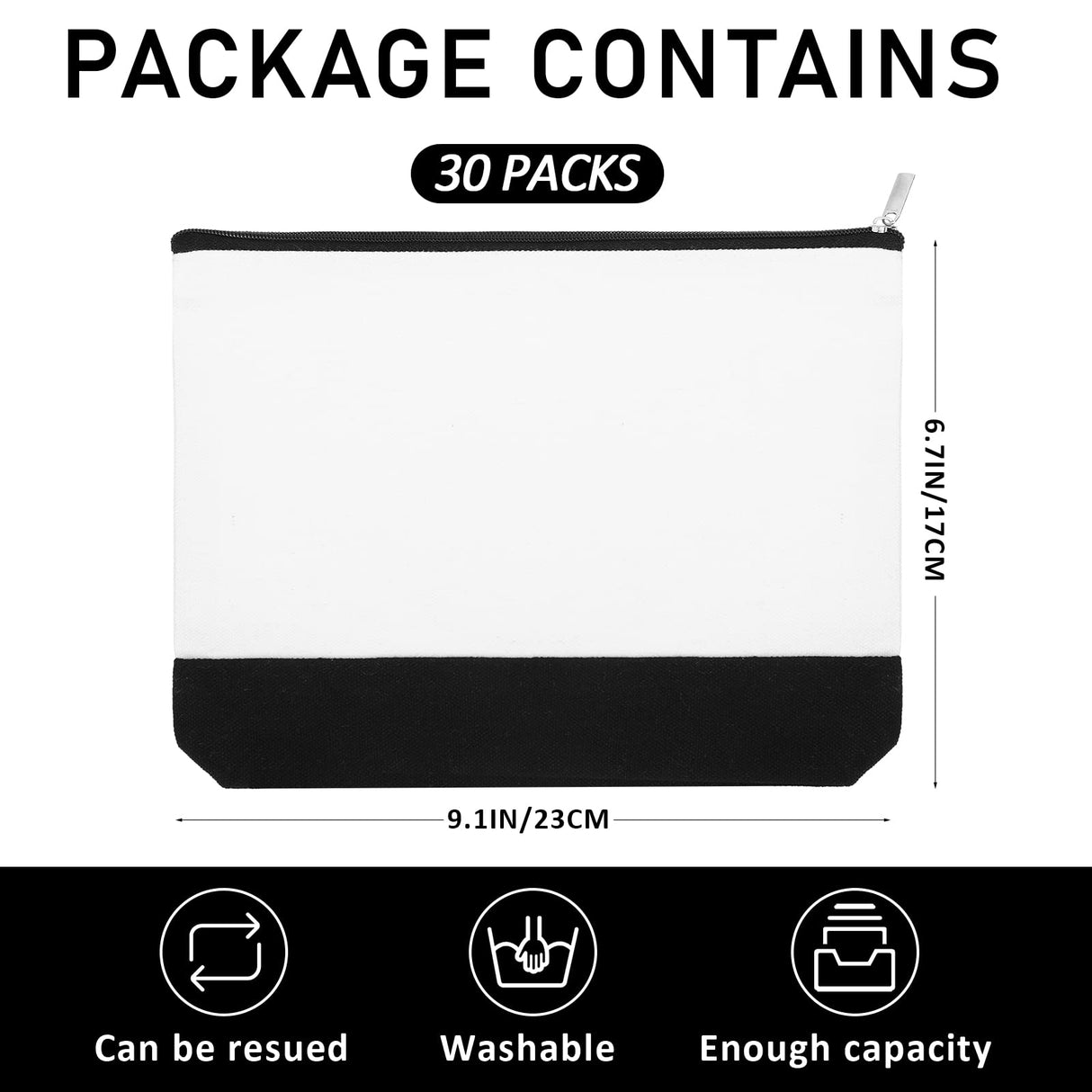 Inbagi 30 Pieces Canvas Makeup Bags Bulk Black and White Cosmetics Bag with Zipper Blank DIY Cosmetic Pouch Multipurpose Canvas Travel Toiletry Bag for Travel Pen Pencil Cosmetic Storage Inbagi