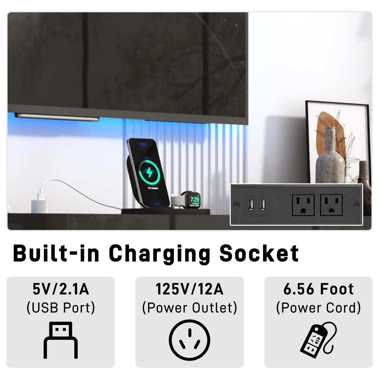 Hlivelood 70" tv Stand w/ 36" Fireplace Up to 80" TVs,High Gloss LED Fireplace TV Stand Entertainment Center for 70/75+/80 inch TV, Modern Media TV Console Cabinet for Living Room,Black Hlivelood