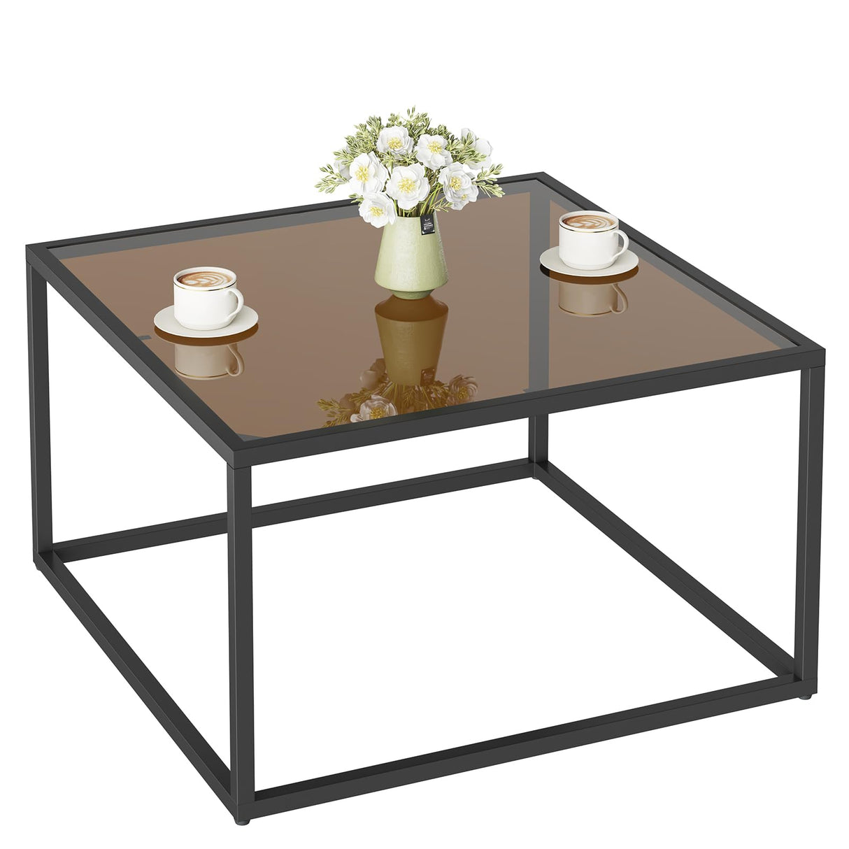 YMYNY Glass Coffee Table, Tempered Glass Square Coffee Tables with Metal Frame, Unique Modern Table for Living Room Home Office 26.77" x 26.77" x 15.75", Dark Brown, UHCT001T YMYNY