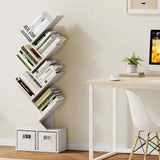 Vagusicc Tree Bookshelf, 6 Tier Bookshelf with Storage, Tall Narrow Bookcase, Rustic Wood Book Storage Rack for CDs/Books, Small Book Organizer Shelves for Bedroom, Living Room, Home Office, White Vagusicc