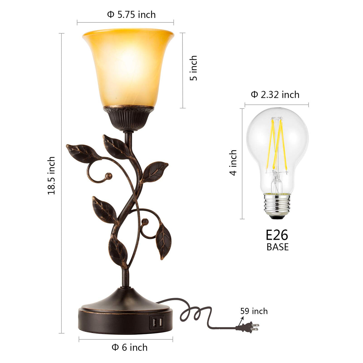 Touch Control Table Lamp with 2 USB Charging Ports, 3-Way Dimmable Bedside Nightstand Lamps, Amber Glass Shade Vintage Rural Leaf Lamp for Living Room, Bedroom, Dresser, LED Bulb Included (Bronze) RORIANO