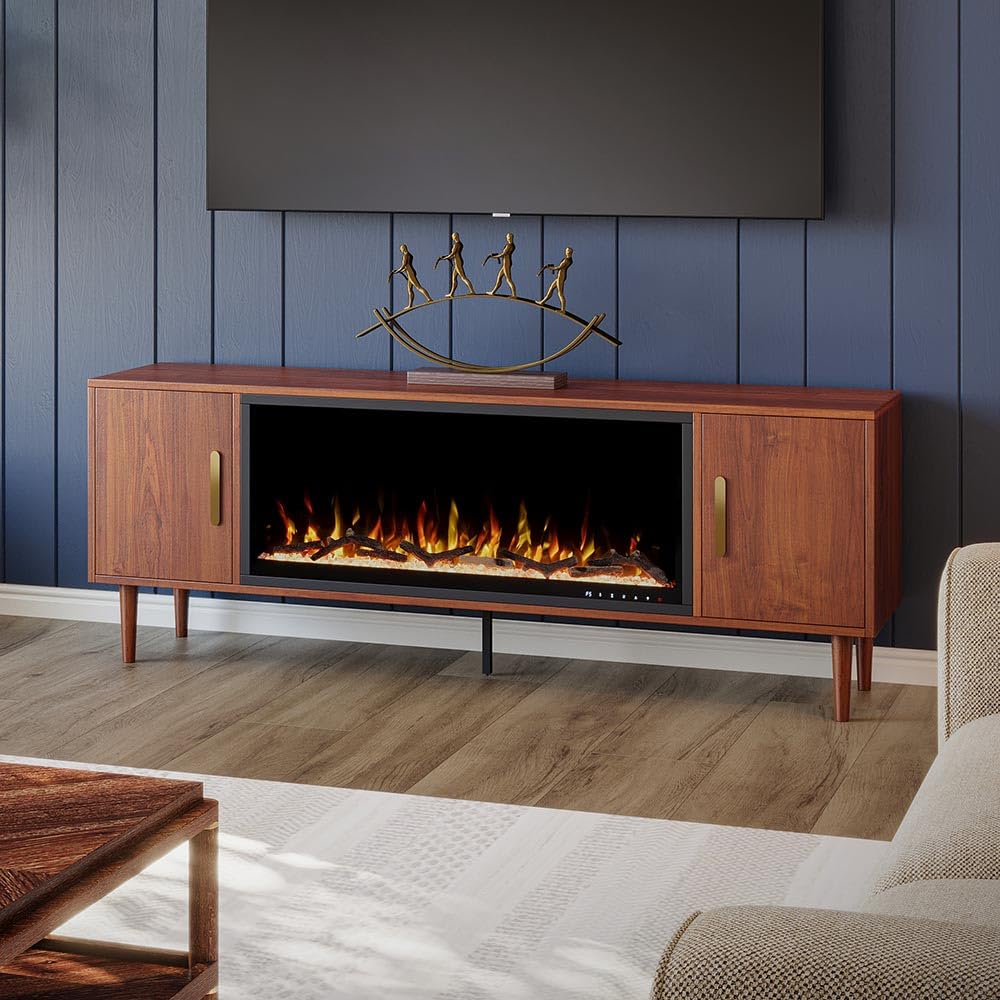 Modern Ember Marcel 72-in Smart Electric Fireplace TV Stand | 42” Firebox Heater | Multi-Flame Colors | Remote, Wi-Fi App, Alexa & Google | Fits TVs up to 80” | Warm Walnut with Brass Handles