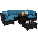 Ophelian 8 Piece Patio Furniture Set with Fire Pit Table, Wicker Outdoor Sectional Sofa Set with Thick Anti-Slip Chusions, Patio Conversation Sets for Backyard, Garden, Deck (Brown/Peacock Blue) Ophelian