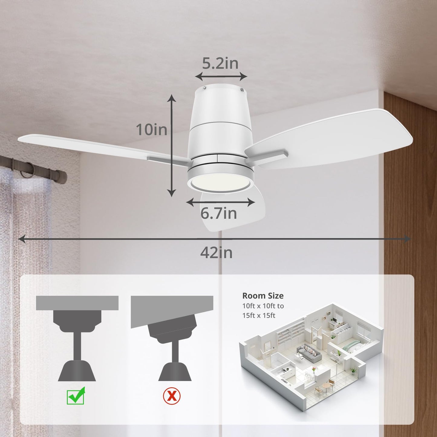 TALOYA 42inch Ceiling Fans with Lights and Remote Control, Quiet DC Motor, Double-faced Blades, Modern Low Profile Ceiling Fan for Bedroom, Living Room, Dining Room, Office