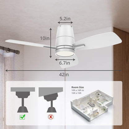 TALOYA 42inch Ceiling Fans with Lights and Remote Control, Quiet DC Motor, Double-faced Blades, Modern Low Profile Ceiling Fan for Bedroom, Living Room, Dining Room, Office