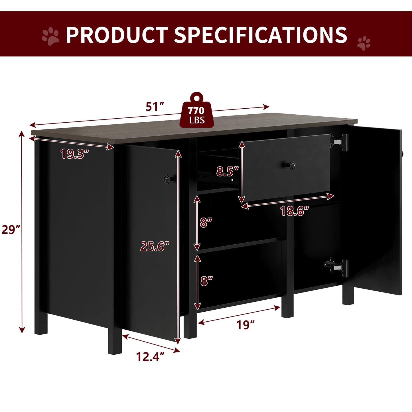 Fish Tank Stand - Heavy Duty Wooden 55-75 Gallon Aquarium Stand with Storage Cabinet for Fish Tank Accessories - 770 LBS Capacity, 51"x19.3"x29"H