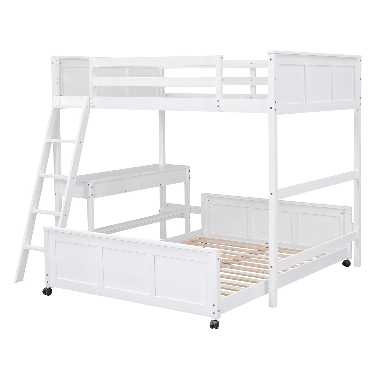 Bellemave Full Over Full Loft Bed with Desk and Storage Drawers in White - WoodArtSupply