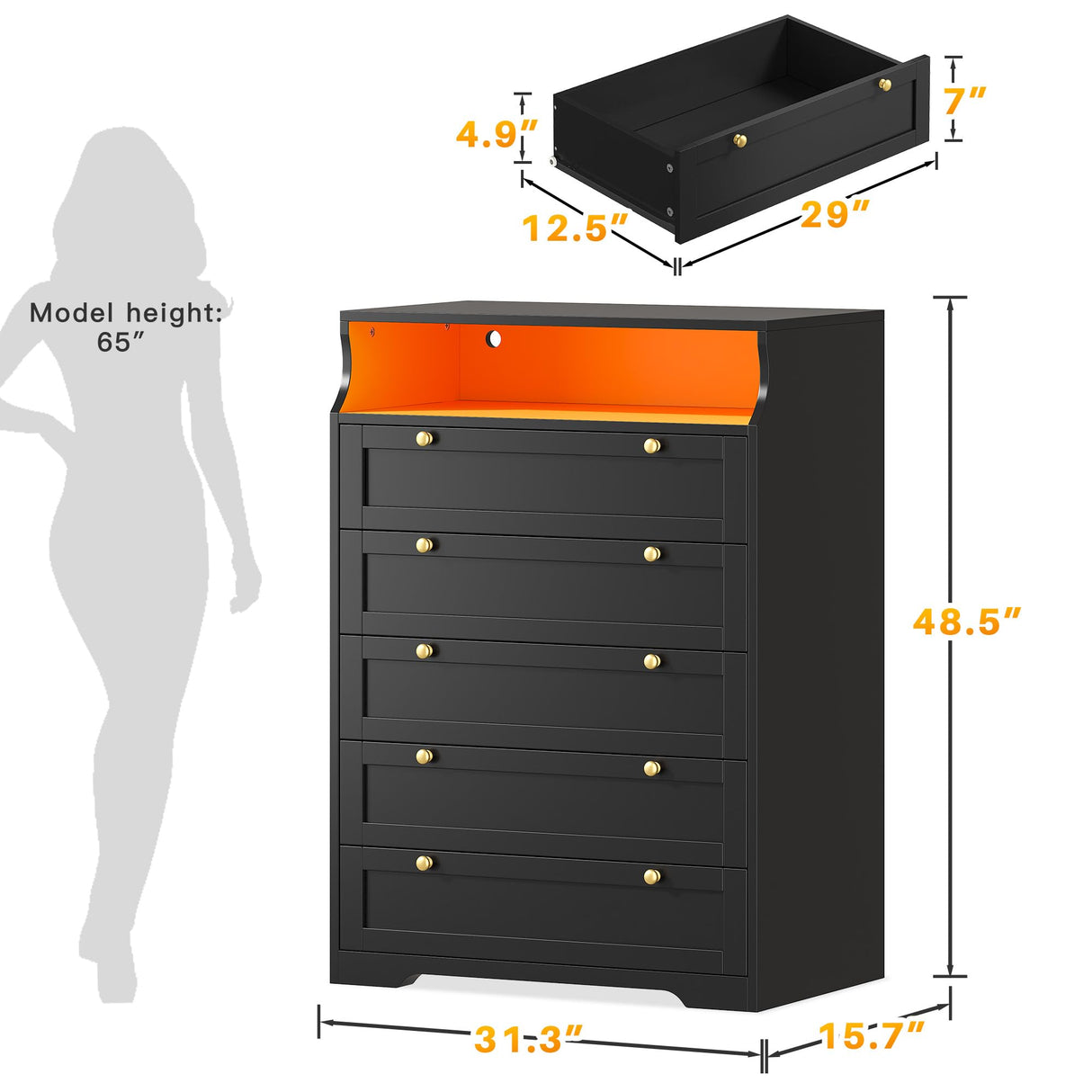 EnHomee Black Dresser with LED Light, Tall Dresser for Bedroom, 5 Drawers & 1 Shelves Space Saver for Bedroom, Hallway, 31.3" W x 48.5" H x 15.7" D EnHomee