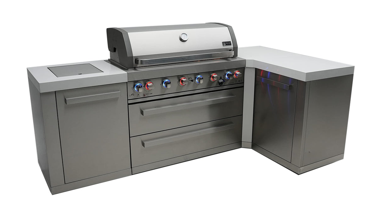 Mont Alpi MAi805-90 44-inch 6-Burner 115000 BTU 90 Degree Corner Stainless Steel Gas Outdoor Kitchen Bar Barbecue Island Grill + Infrared Side & Rear Burners + Granite Countertops + Storage Drawers Mont Alpi
