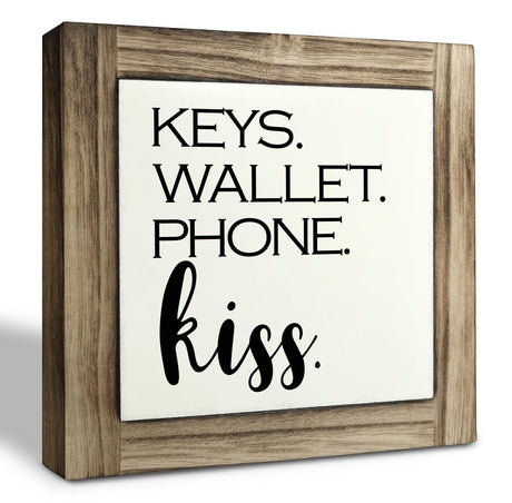 Inspirational Wood Signs, Box Wood Plaques Desk Décor, Decorative Plaques for Front Door Porch, Freestanding Entry Cabinet Decor, Entryway Decor for Shelf, Rustic Home Decor, Keys Wallet Phone Kiss XJCUG