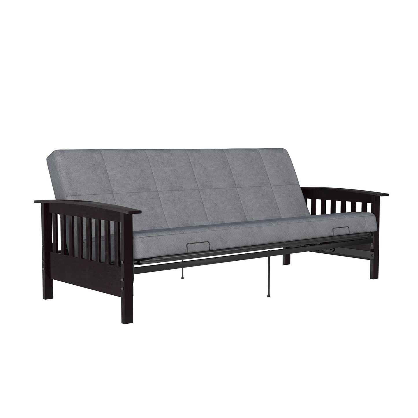 DHP Brixen Espresso Wood Arm Metal Futon Frame with 6-Inch Mattress, Full, Gray