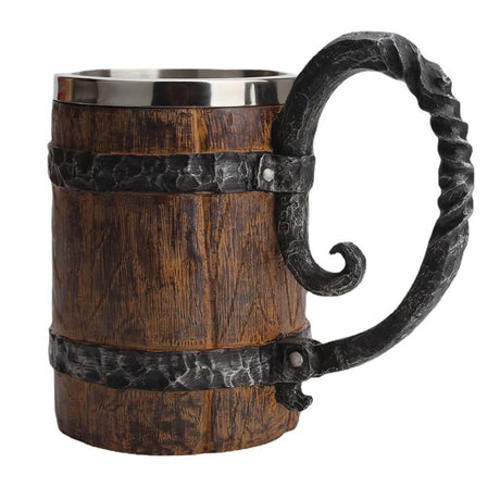 Vintage Handmade Wooden Beer Barrel Mug,Bar Restaurant Mug With Handle,Resin Bucket Mug for Men Coffee Beverage Cocktail,Stainless Steel Liner Beer Stein Tankard Beer Cup Unique Gift Mug HQSLPS