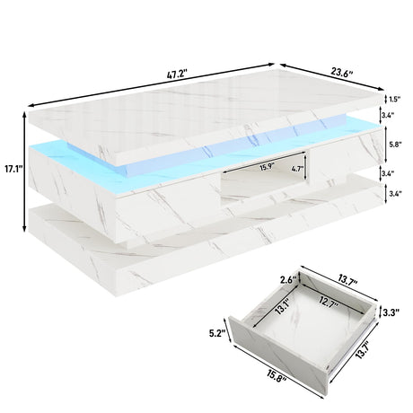 47.2 inch Modern High Glossy LED Coffee Table with 2 Sliding Drawers, Double-Layer Center Tables with LED Lights for Livings Room Furniture, White chartustriable