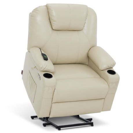 MCombo Extra Wide Power Lift Recliner Chair for Elderly, Lift Chair with Heat and Massage for Big People, USB&Type C Ports, Cup Holders, Faux Leather R7045 (Cream White, Medium-Wide) MCombo