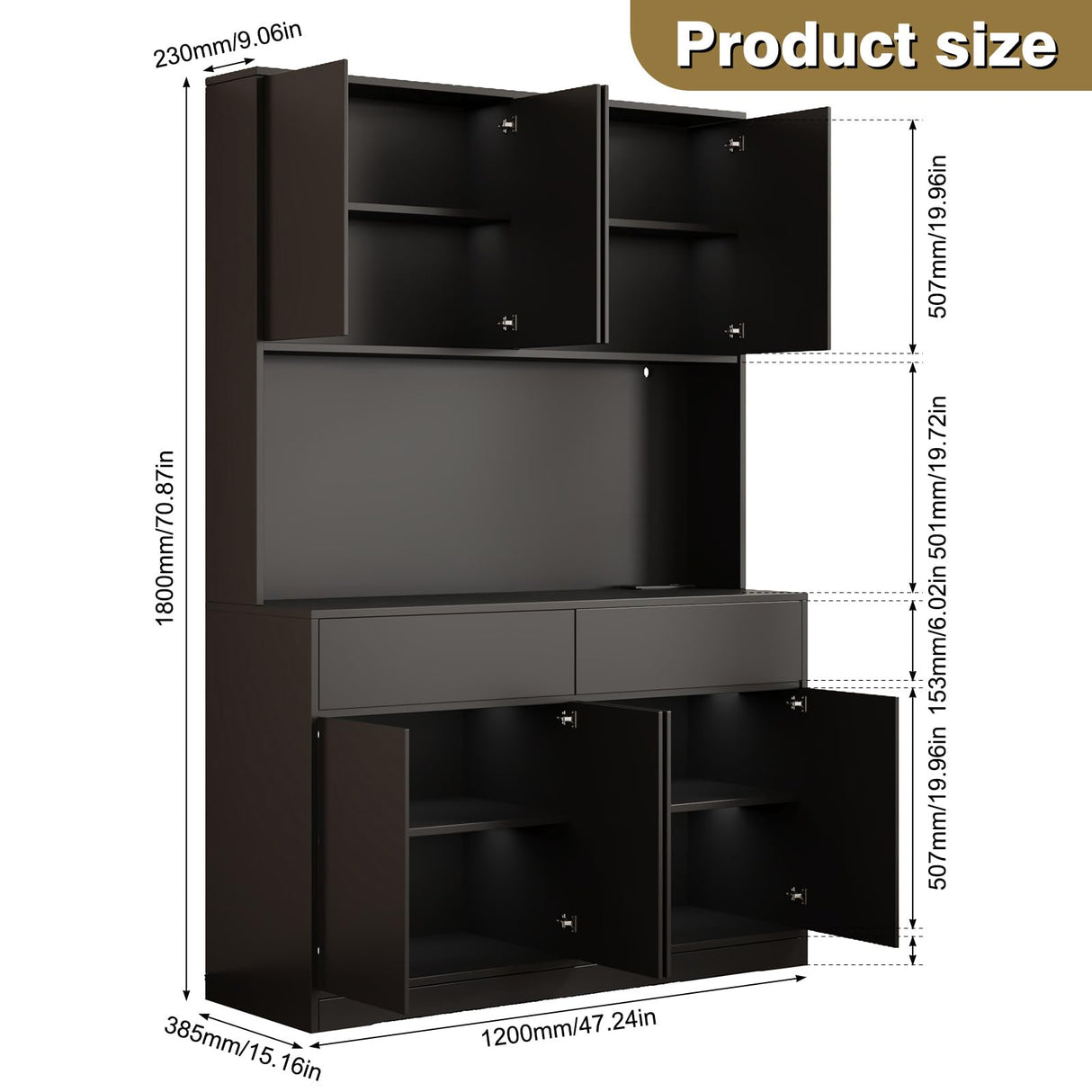 71" Tall Pantry Cabinet, 47" Wide Kitchen Pantry Storage Cabinet with LED Light & Outlet, Kitchen Hutch with Microwave Shelf, Door Shelves & Drawer & Adjustable Shelves, for Dining Room Hlivelood