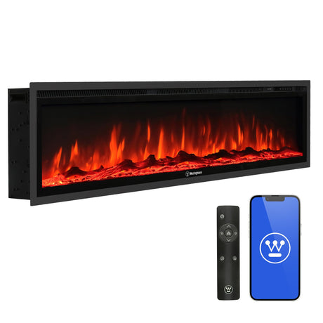 Westinghouse 60 Inch Electric Fireplace Heater, Compatible with Alexa & Google Home, Wall Mount or in-Wall Recessed Fireplace Insert, 24 Hour Timer, Color Changing Flames, 750W/1500W Indoor Heater Westinghouse