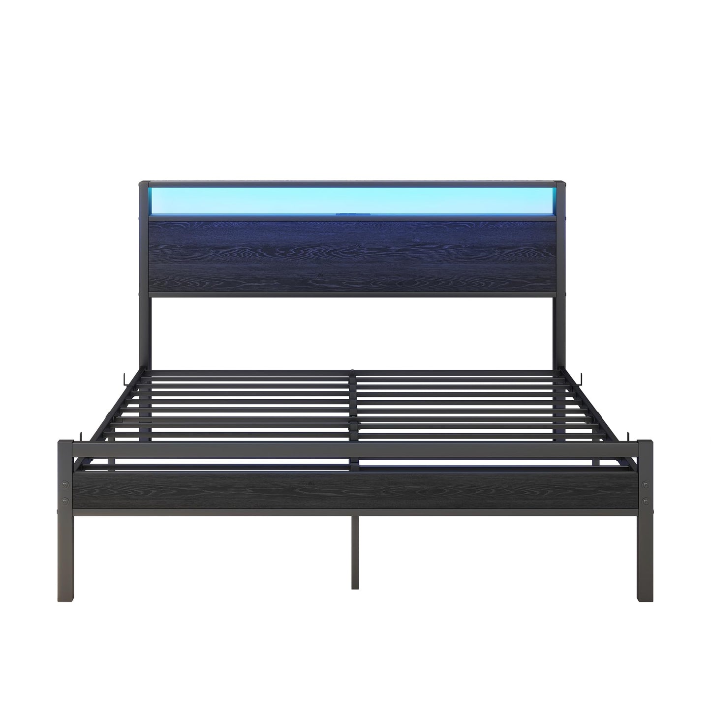 BOFENG Queen Metal Bed Frame with Storage Headboard, LED Lights & Charging Station - WoodArtSupply