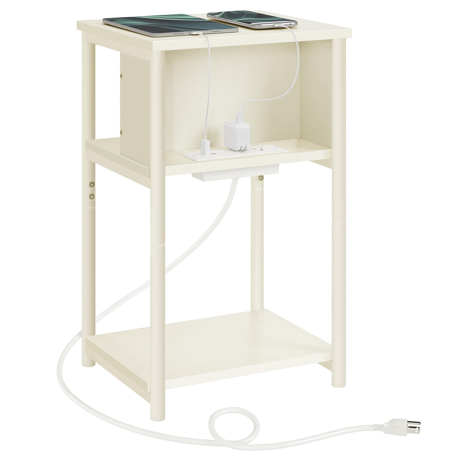 VASAGLE Side Table with Charging Station, 3-Tier End Table with USB Ports and Outlets, Nightstand for Living Room, Bedroom, 11.8 x 13.4 x 22.8 Inches, Plug-in Series, Cream White - WoodArtSupply