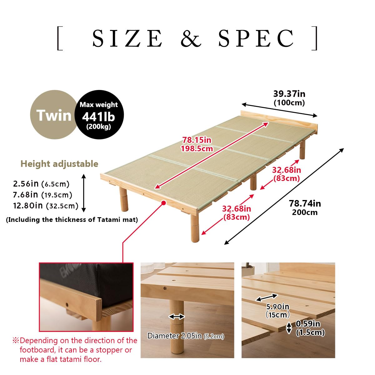 EMOOR Earth-Natural Wood Slatted & Tatami Twin Bed Frame with Adjustable Heights for Japanese Futon Mattress - WoodArtSupply