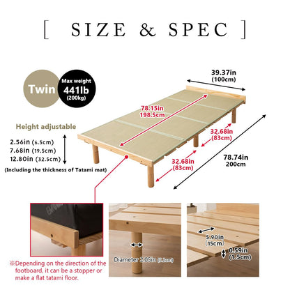 EMOOR Earth-Natural Wood Slatted & Tatami Twin Bed Frame with Adjustable Heights for Japanese Futon Mattress - WoodArtSupply