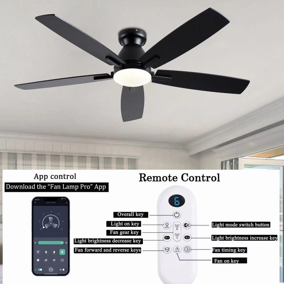NKPU Ceiling Fans with Lights, 52 Inch Low Profile Ceiling Fan with Light and Remote Control, Flush Mount, DC Reversible Motor, Dimmable LED Black Ceiling Fans for Bedroom,Indoor/Outdoor Patio Use NKPU