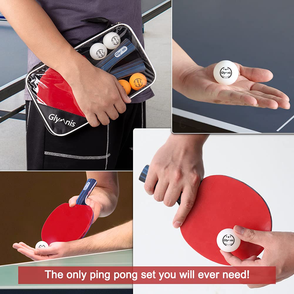 Glymnis Ping Pong Paddles Set of 4 Table Tennis Rackets with 8 Balls, Storage Case for Indoor Outdoor Table Tennis Paddle Game Accessories Glymnis