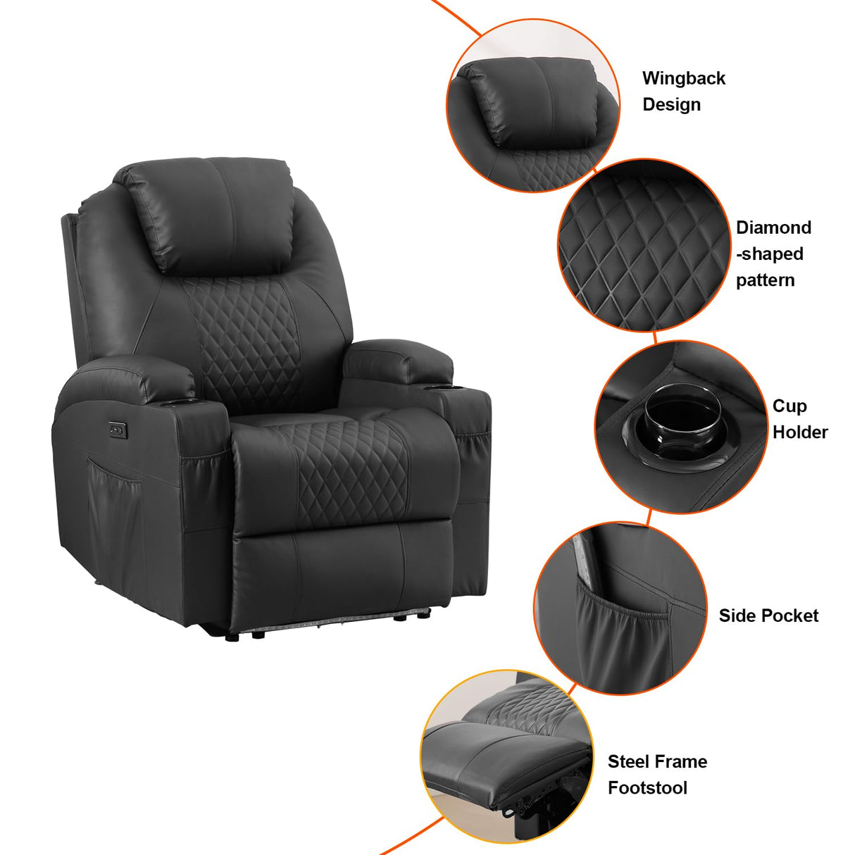 AHMED Power Recliner Chair, Home Theater Seating with LED Ambient Lighting, PU Leather Lazy Sofa Heat Massage Chair with Cup Holders/Side Pockets/USB Ports for Living Room, Dark Black, Set of 2 AHMED