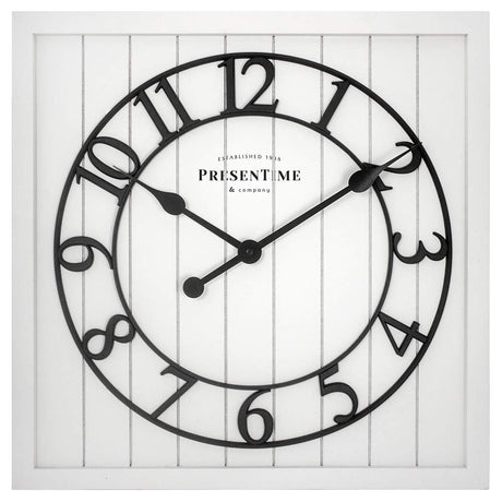 Presentime & Co 21" Farmhouse Square Shiplap Barn Door Wood Clock - White, Arabic Numeral. Home Decoration/Wall Decoration/Farmhouse Décor for Living Room, Dining Room, and Entryway. Presentime
