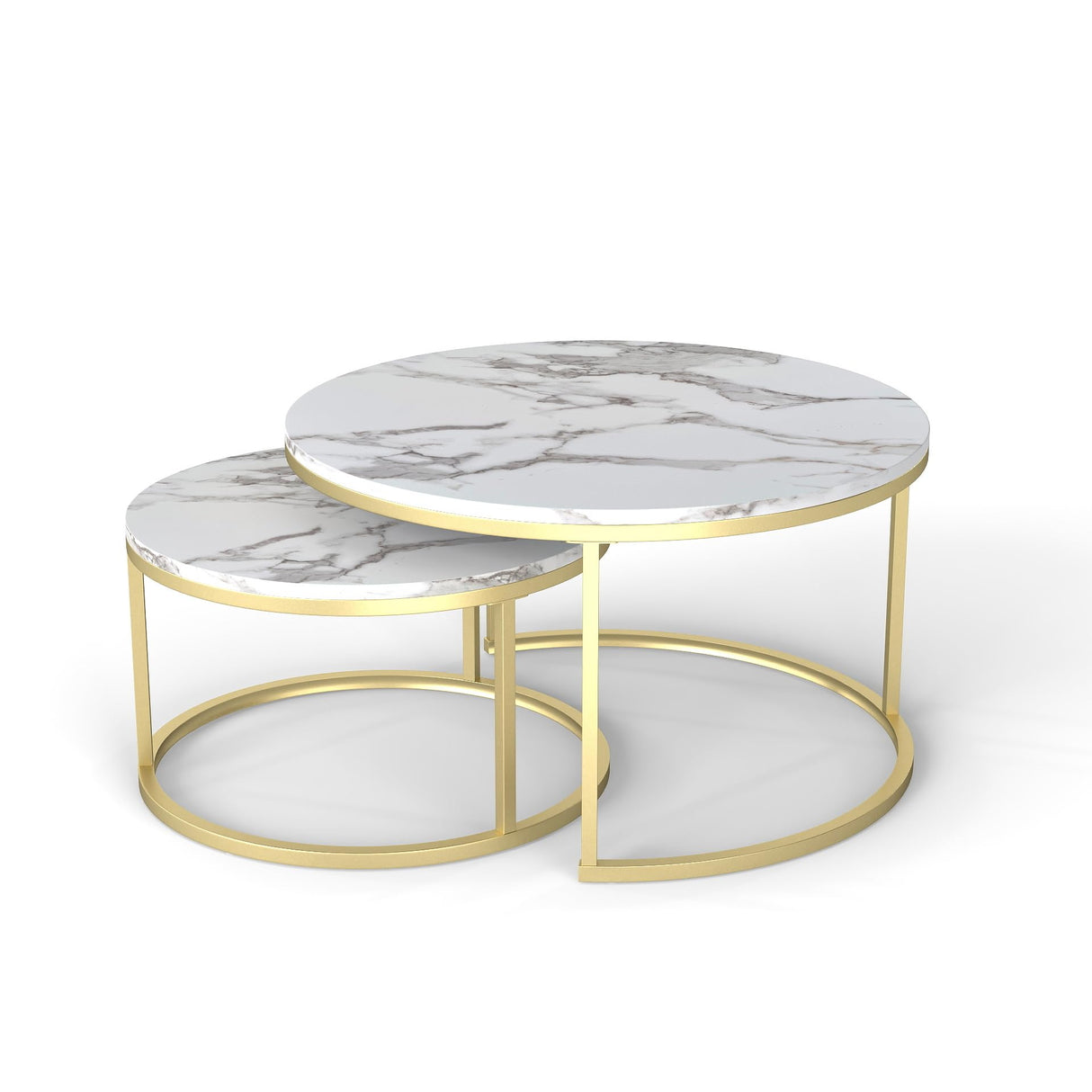 Xinyvee Nesting Coffee Table Set of 2, 31.5" Round Coffee Table Wooden Marble Pattern Accent Furniture, Industrial End Table for Living Room Bedroom Balcony (White/Gold) Xinyvee